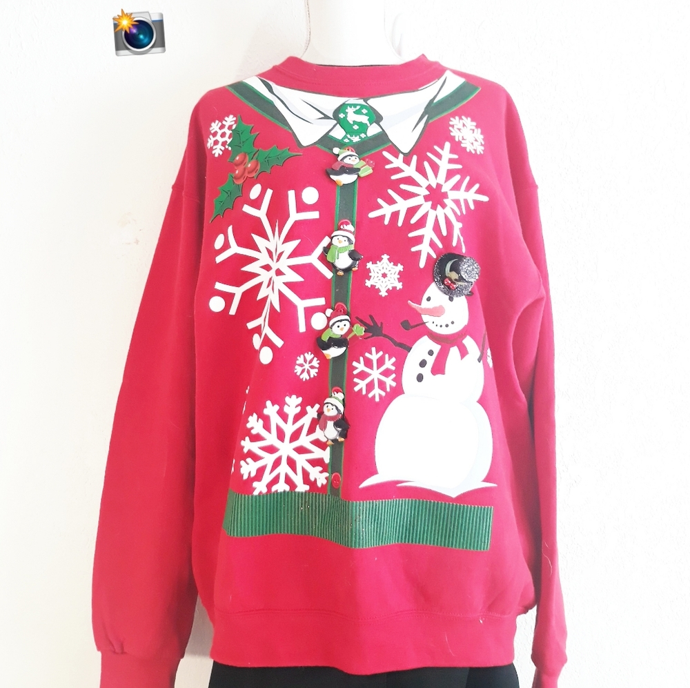 Ugly Christmas Sweatshirt - Unisex Red Snowglakes Dangling Penguins Size XL